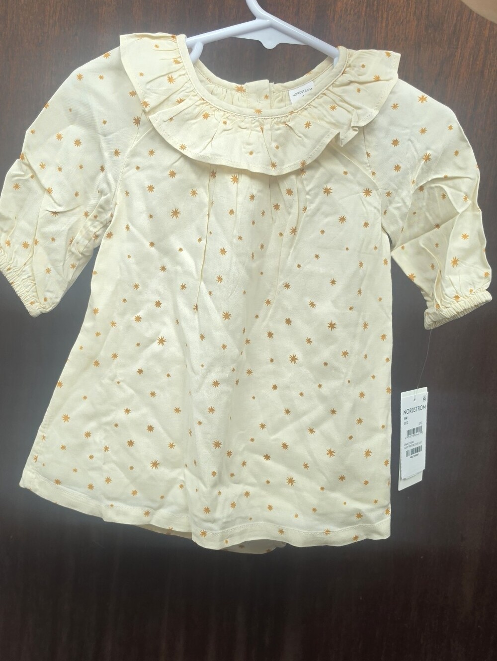 Nordstrom Baby 2pc Ivory Dress with Ruffle Collar and Gold Star Pattern Size 6 M